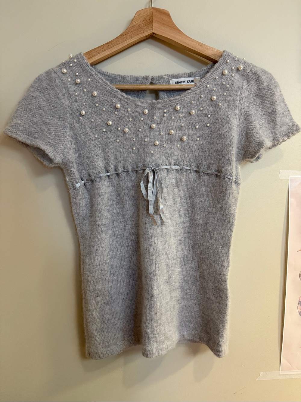 Gray Rabbit Fur Pearl-Embellished Short Sleeve Knit Top